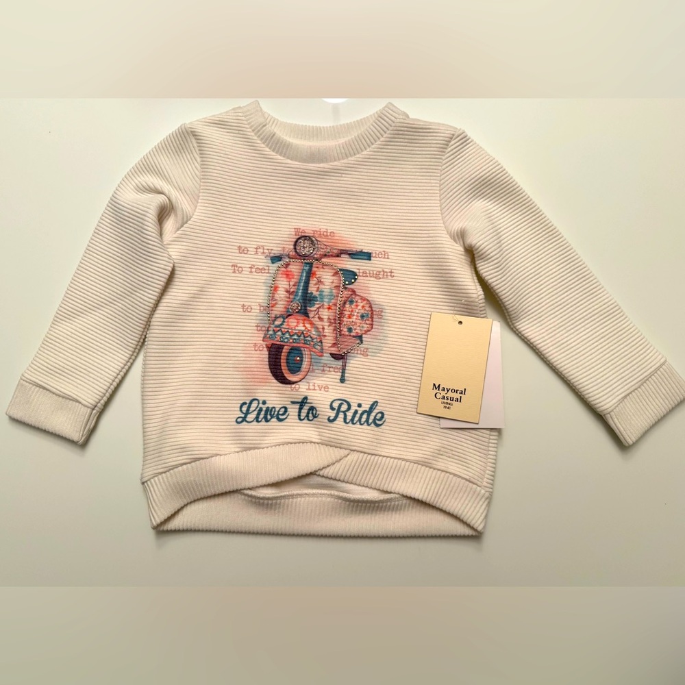NWT Mayoral Casual Living Ribbed “We Ride” Moped Cream Sweatshirt 2T